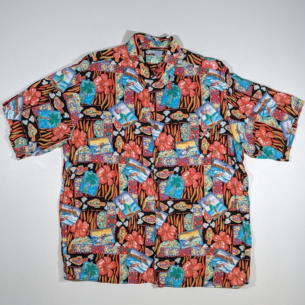 Vintage Reyn Spooner Hawaiian Shirt Men's Size Large Rayon AOP 80s Abstract